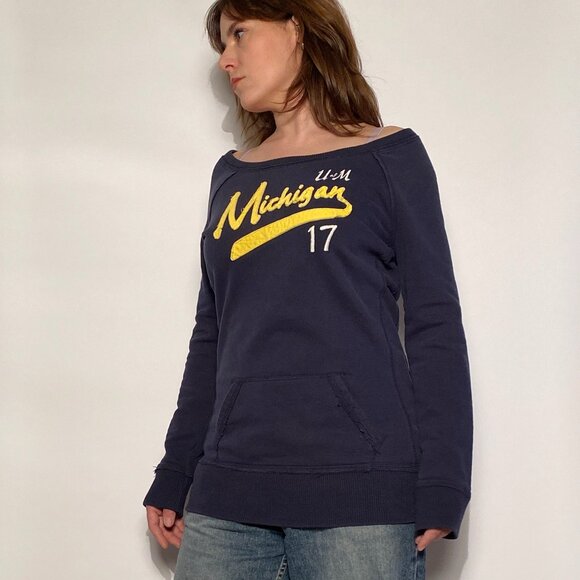 Vintage Y2K University of Michigan Boat Neck Tunic Sweatshirt w Kangaroo Pockets - Picture 8 of 11